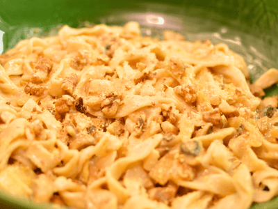 Eggless Pasta with a Creamy Mushroom Tahini Sauce