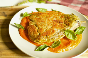 Eggplant Schnitzels with Roasted Tomato & Bell Pepper Sauce