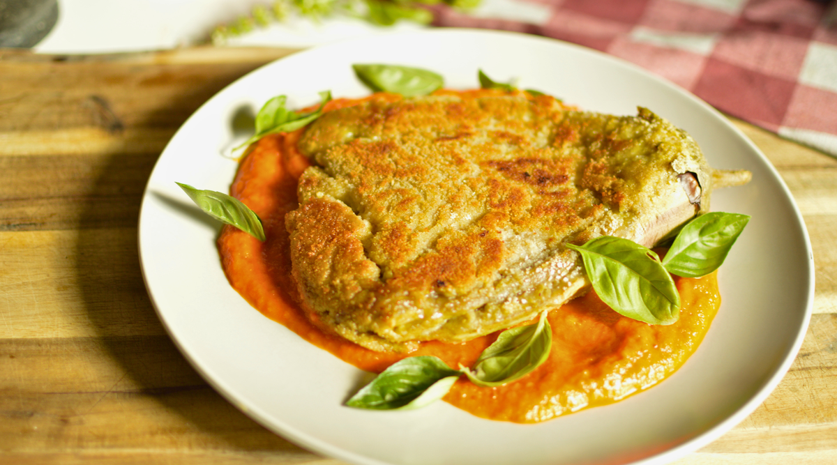 Eggplant Schnitzels with Roasted Tomato & Bell Pepper Sauce