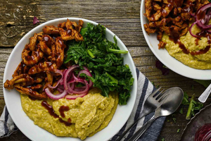 Cheesy Vegan Grits Bowl with BBQ Soy Curls and Kale