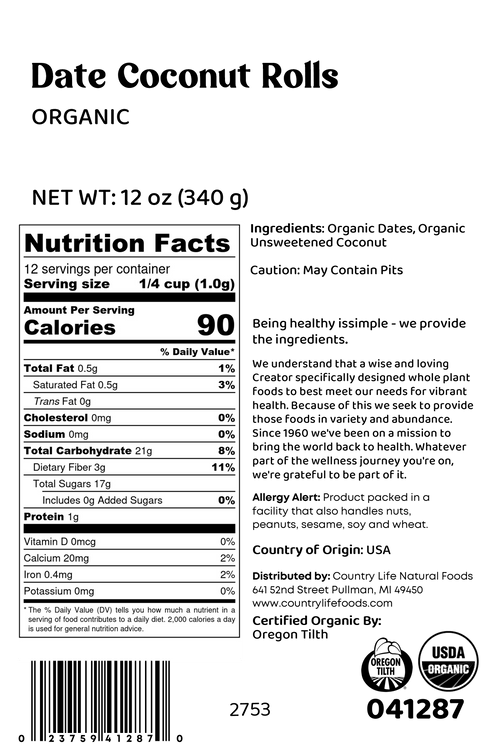 Date Coconut Roll, Organic, Dried Fruit - Country Life Natural Foods