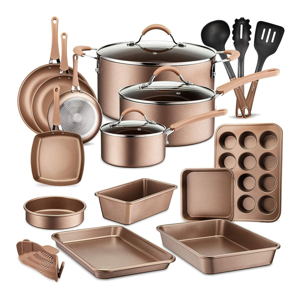 NutriChef Nonstick Cooking Kitchen Cookware Pots and Pans, 20 Piece Set, Bronze - Country Life Natural Foods