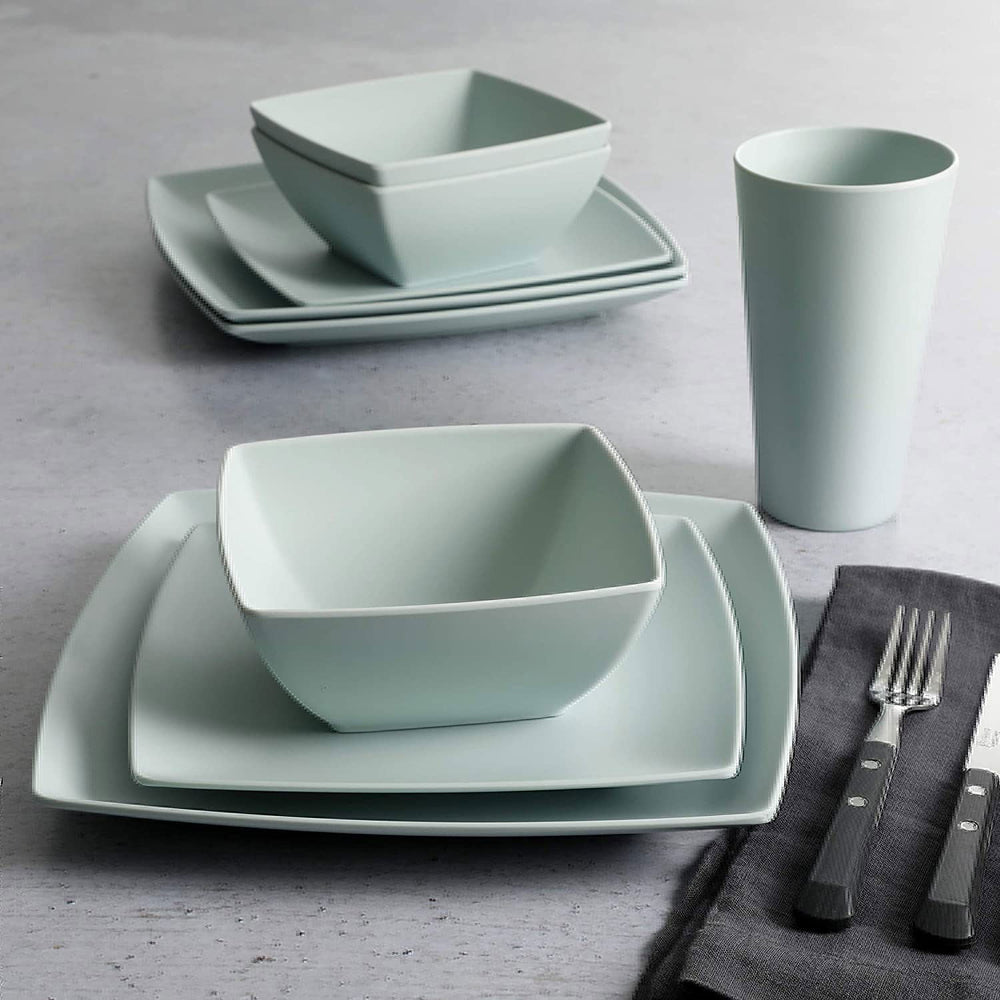 Gibson Home 16 Piece Square Melamine Dinnerware Set Plates Bowls Cups Mint