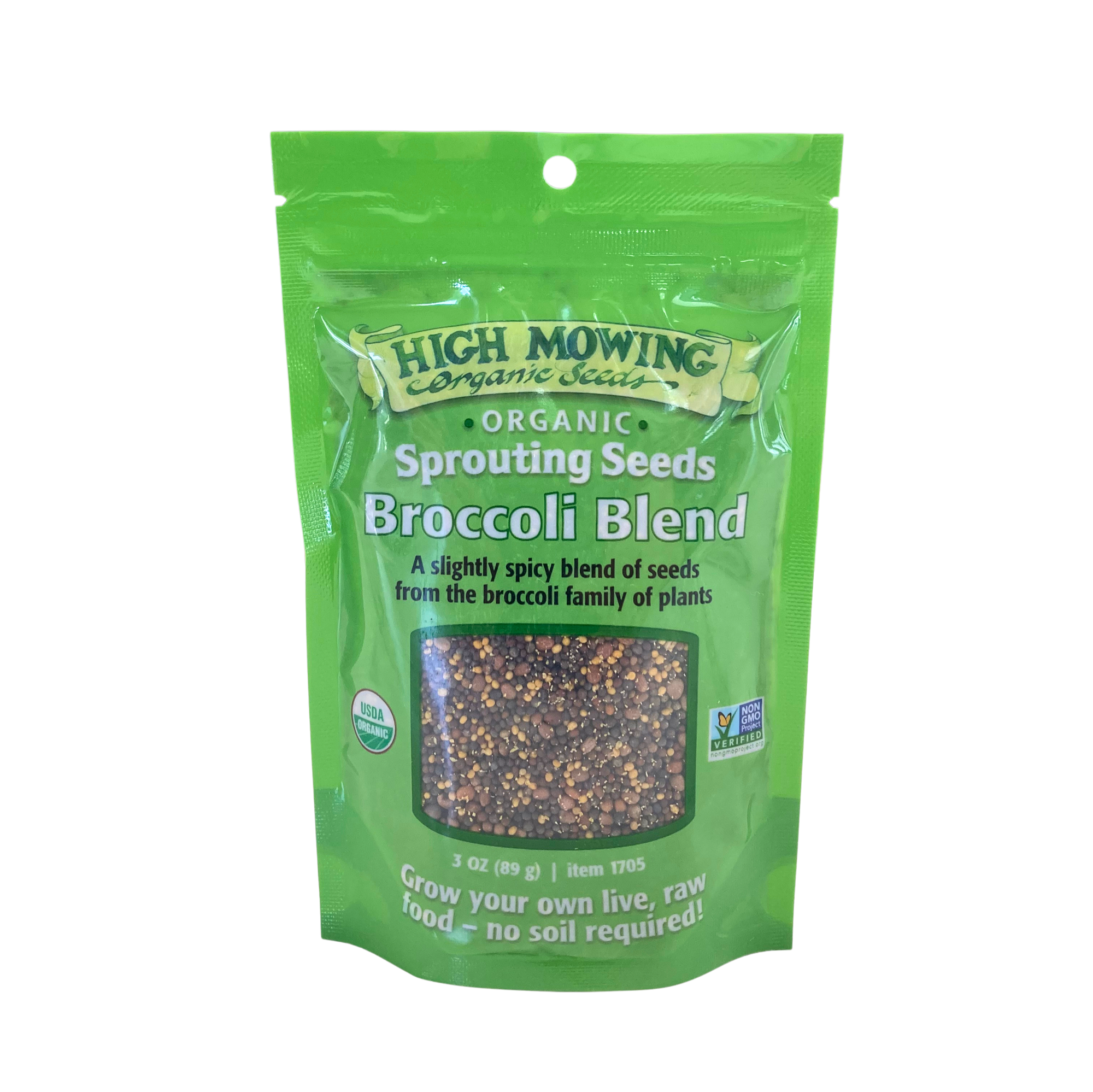High Mowing Organic Sprouting Seeds Broccoli Blend packaging with vibrant green design.
