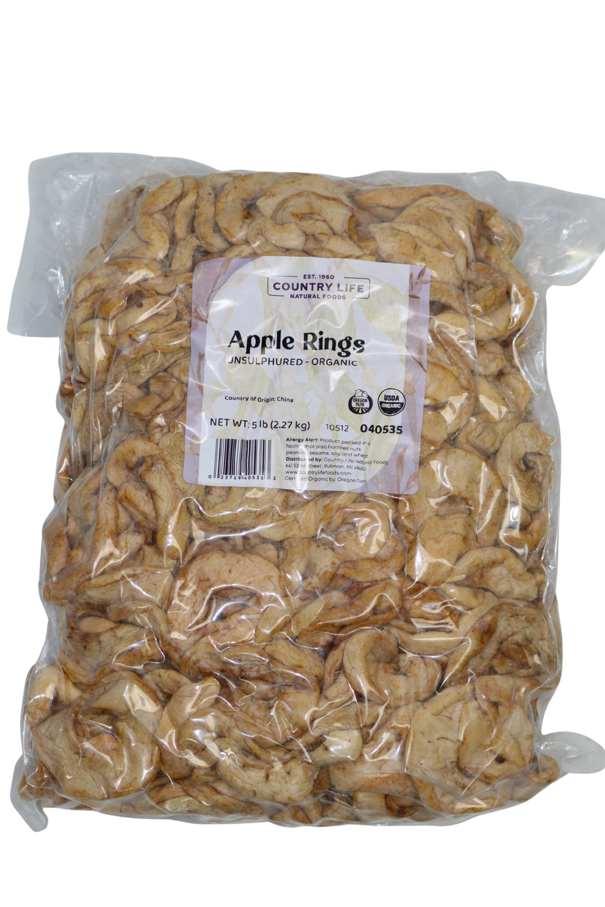5 lb bag of organic apple rings by Country Life Natural Foods.
