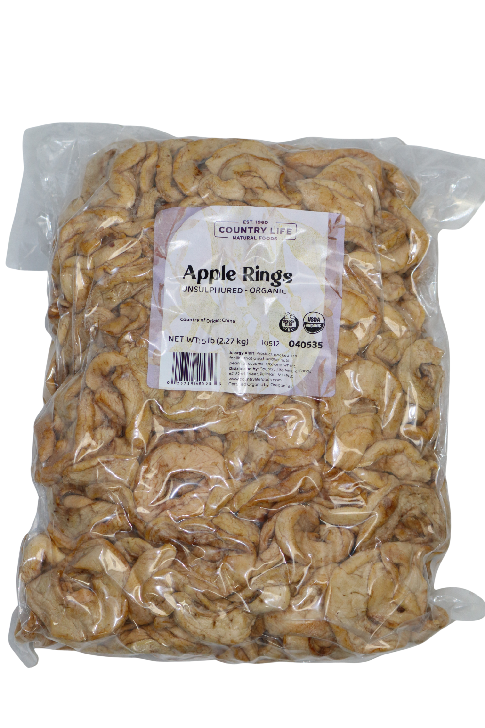 5 lb bag of organic apple rings by Country Life Natural Foods.