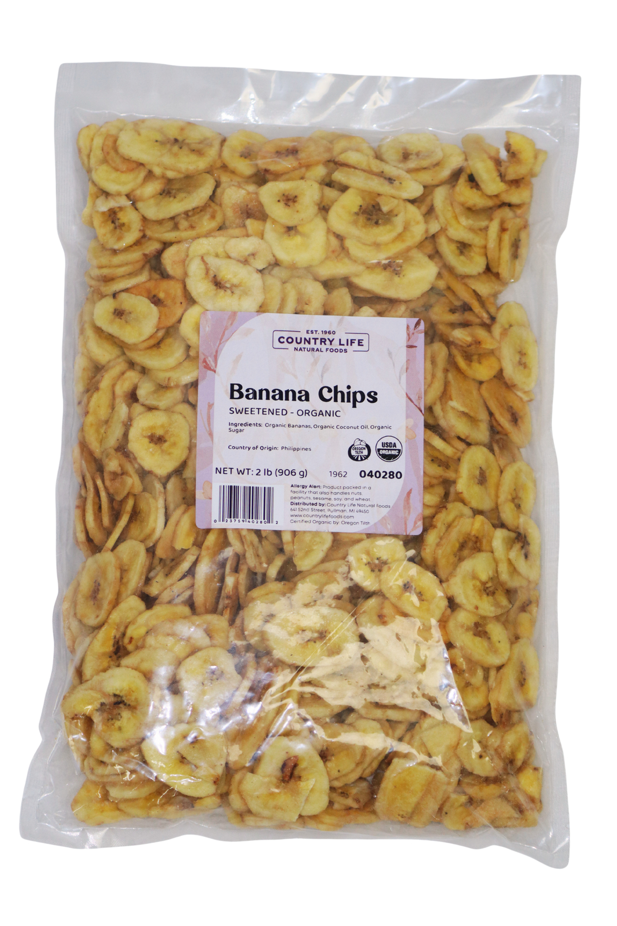 2 lbs bag of Organic Sweetened Banana Chips from Country Life Natural Foods.