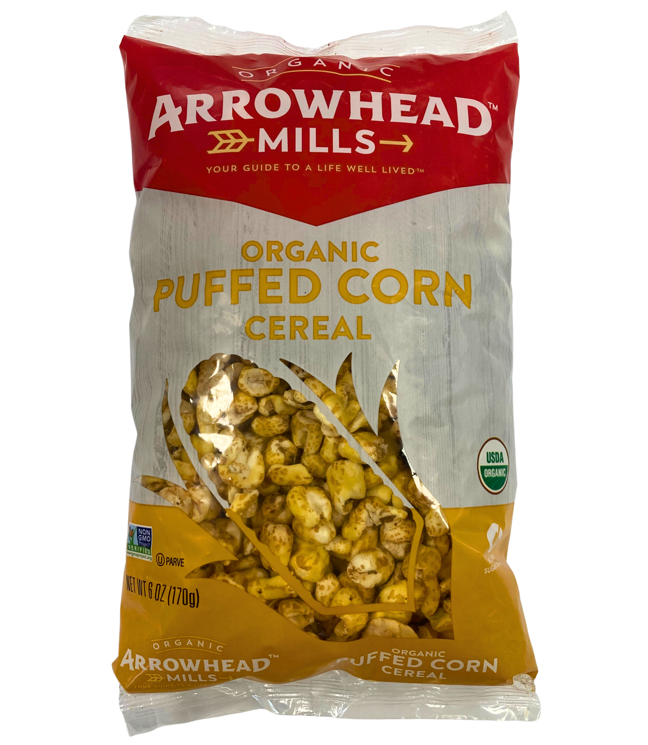 Organic puffed corn cereal in a 6oz package, showcasing its crunchy texture and vibrant packaging.