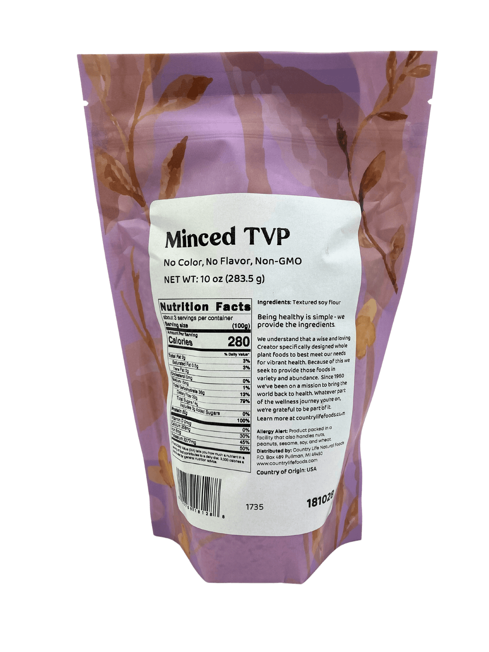 TVP Minced 1/4", No Added Color or Flavor, Non - GMO - Country Life Natural Foods