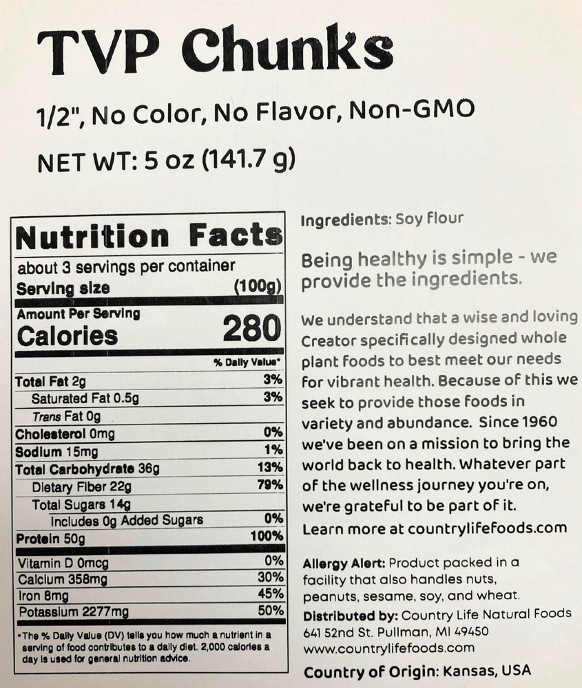 
                  
                    TVP Chunks 1/2", No Added Color or Flavor, Non - GMO - Country Life Natural Foods
                  
                
