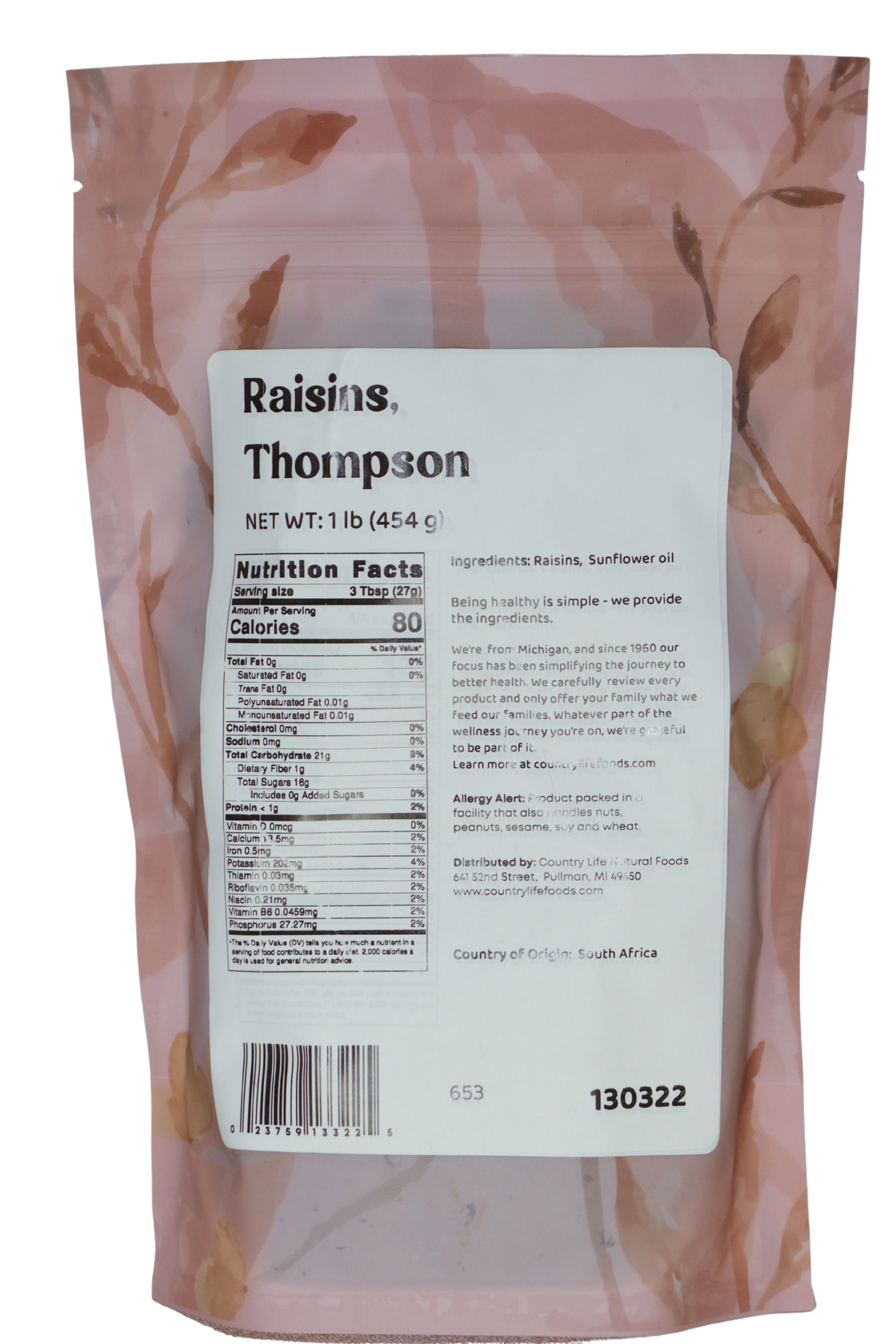 Back view of the 1 lb package of Thompson Raisins from Country Life Natural Foods, displaying nutritional information.