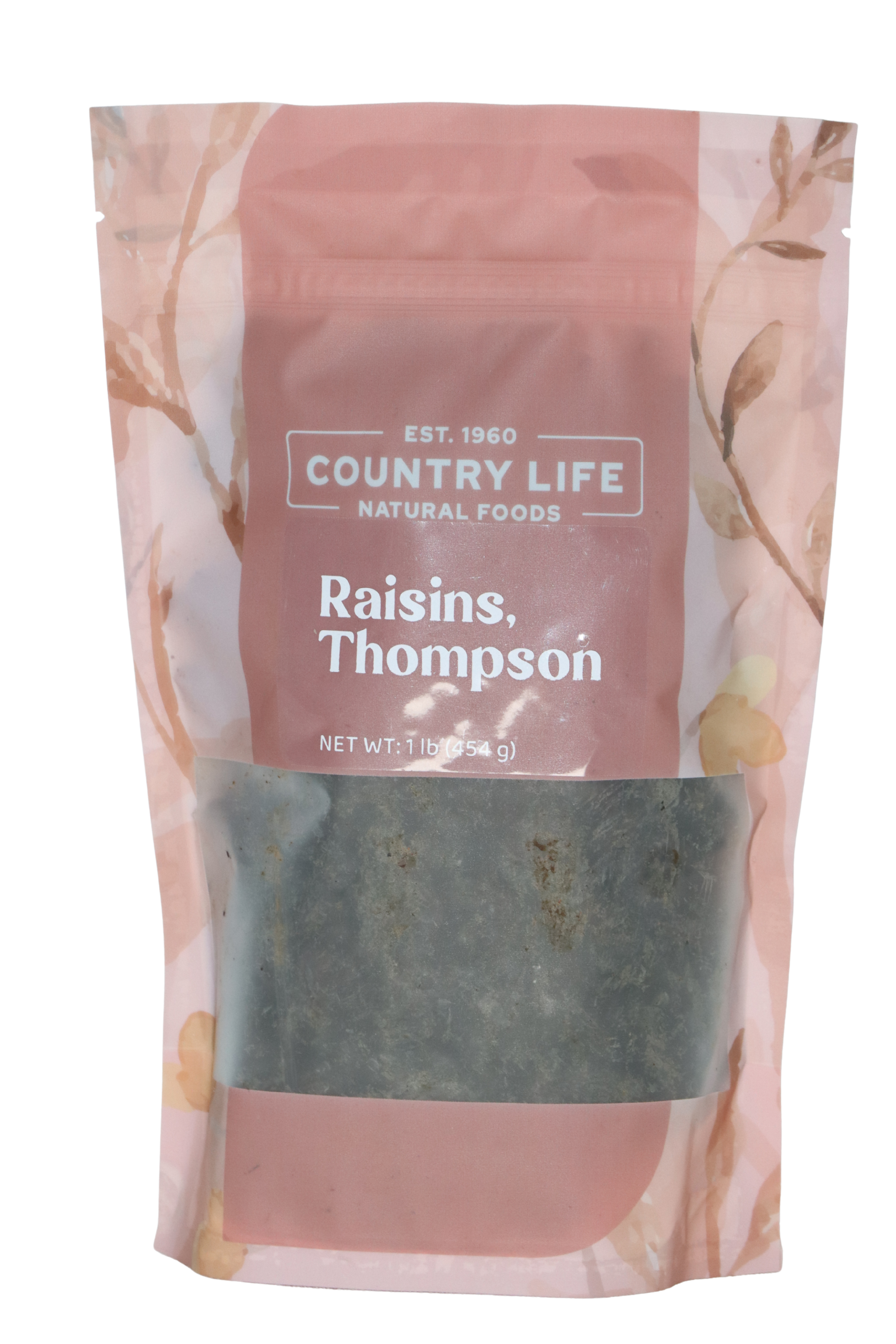 1 lb package of Thompson Raisins from Country Life Natural Foods, showcasing the front design.