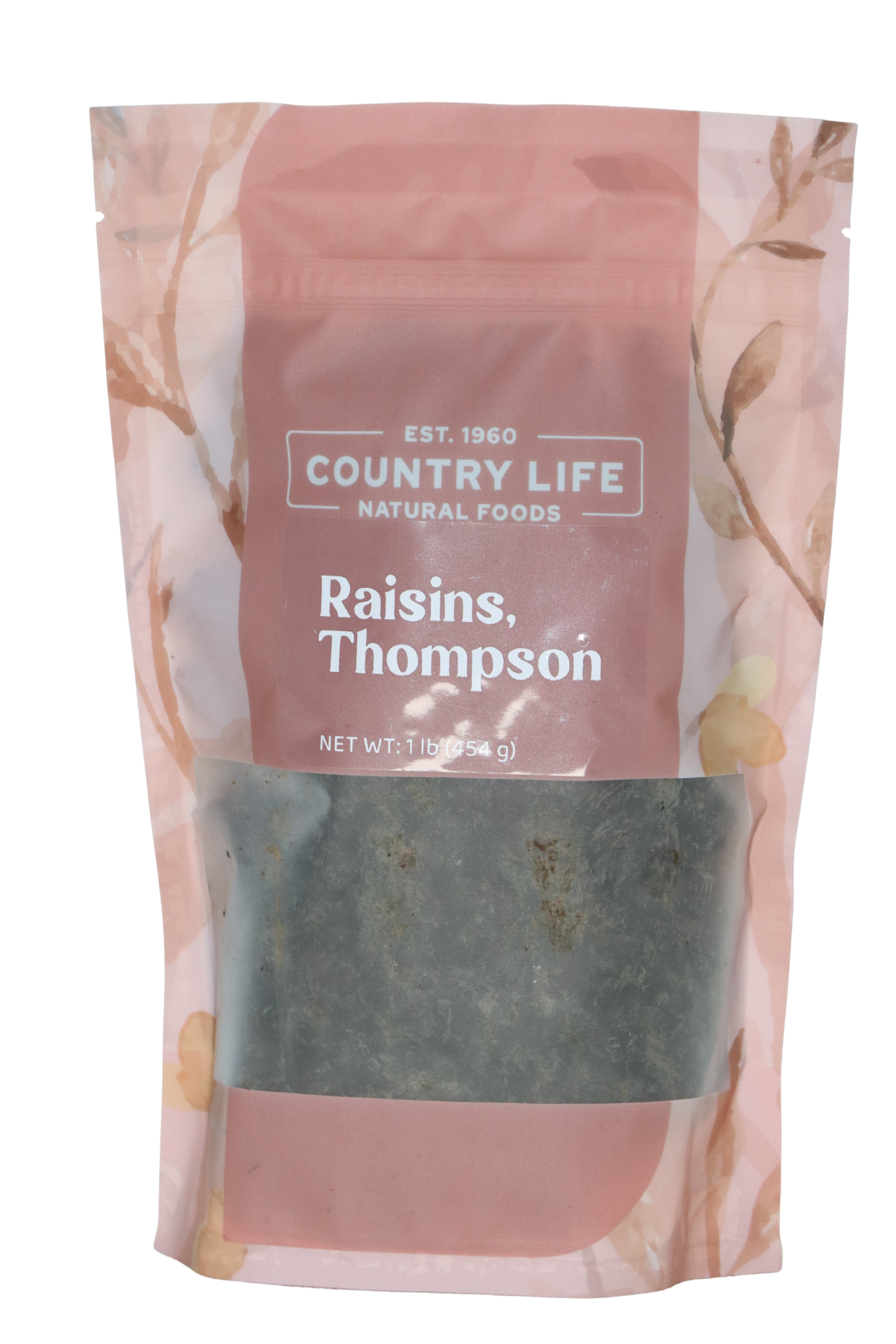 1 lb package of Thompson Raisins from Country Life Natural Foods, showcasing the front design.