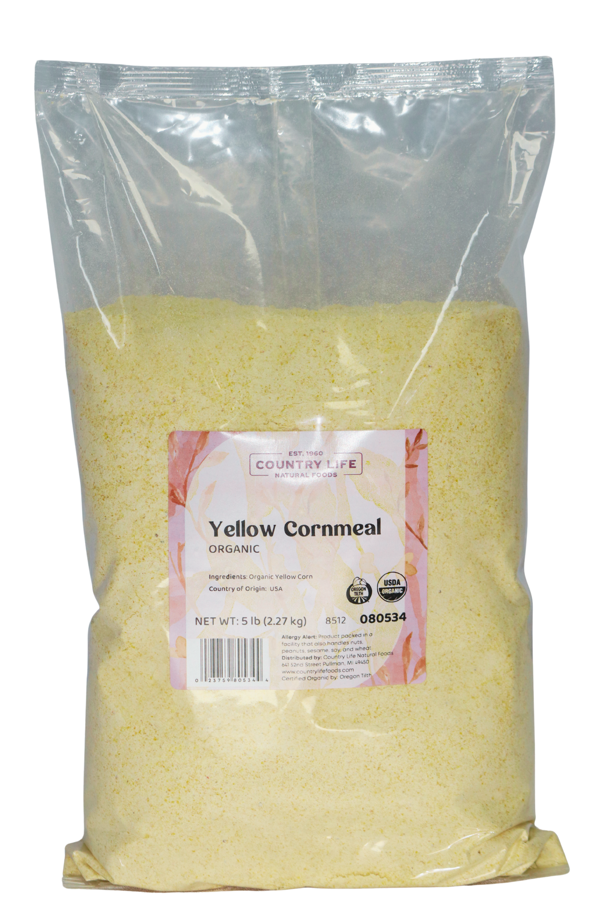 Bag of yellow cornmeal with a label on a white background- Country Life Natural Foods