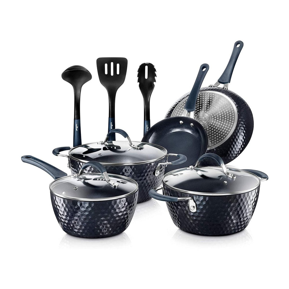NutriChef 11 Piece Nonstick Diamond Pattern Kitchen Cookware Set, Dark Blue - Country Life Natural Foods
