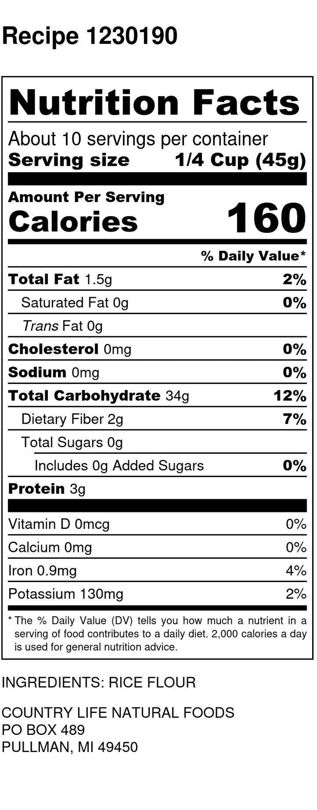 Rice Flour, Brown, Organic Country Life Natural Foods