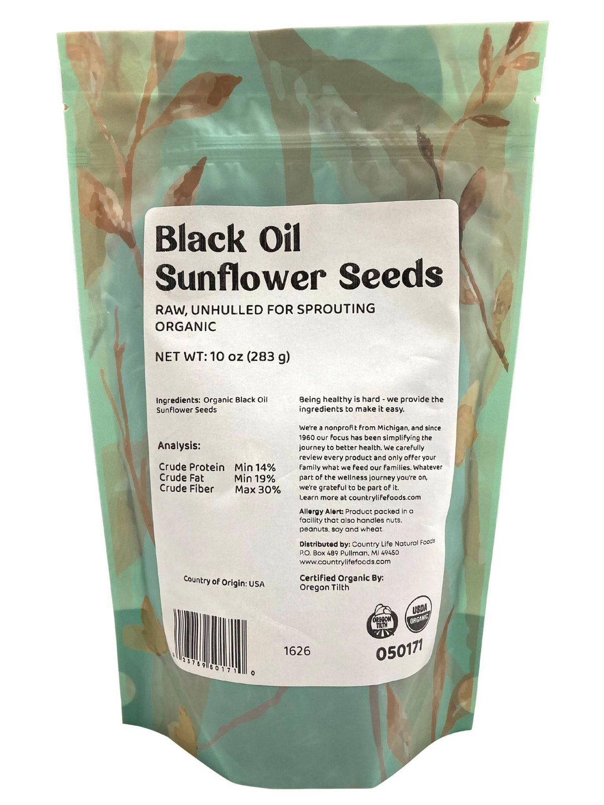 Sunflower Seeds, Black Oil, Unhulled For Sprouting, Organic - Country Life Natural Foods