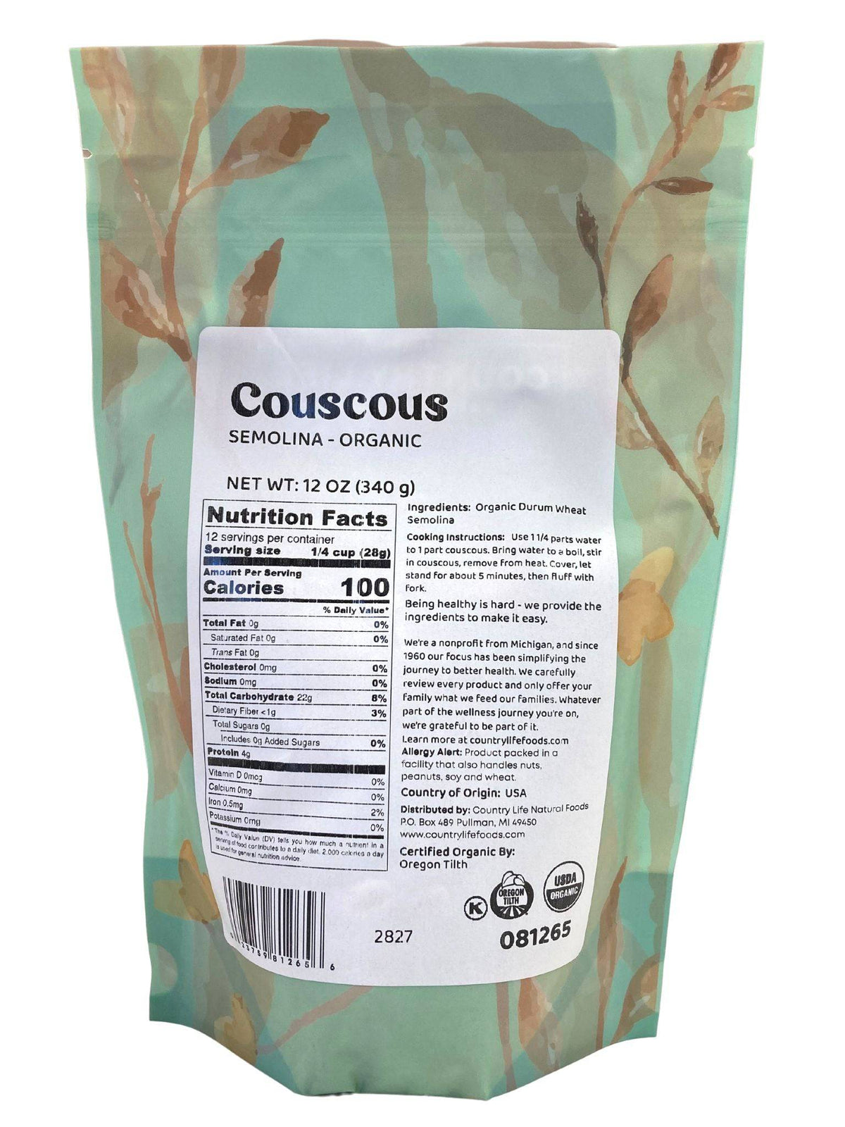 Couscous, Semolina, Organic - Country Life Natural Foods