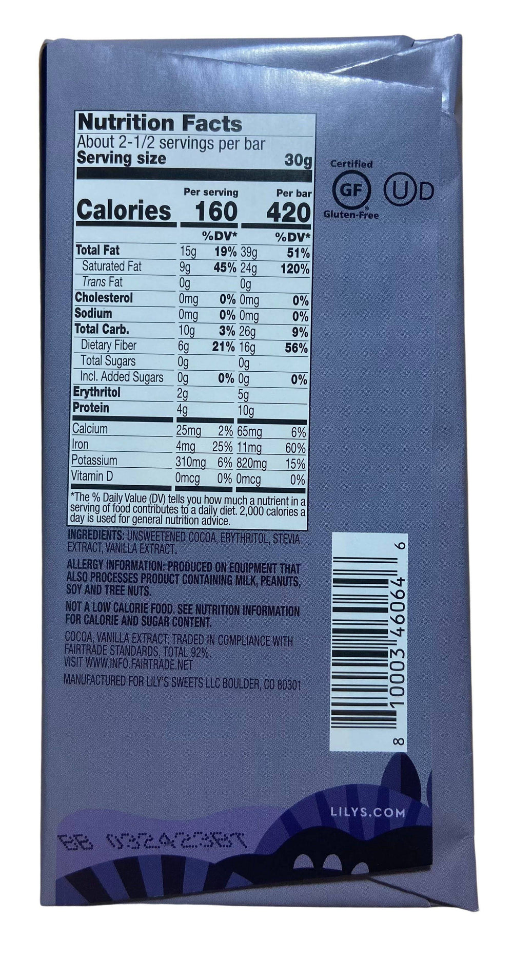 Chocolate Bars, Dark, Stevia Sweetened, Lily's - Country Life Natural Foods